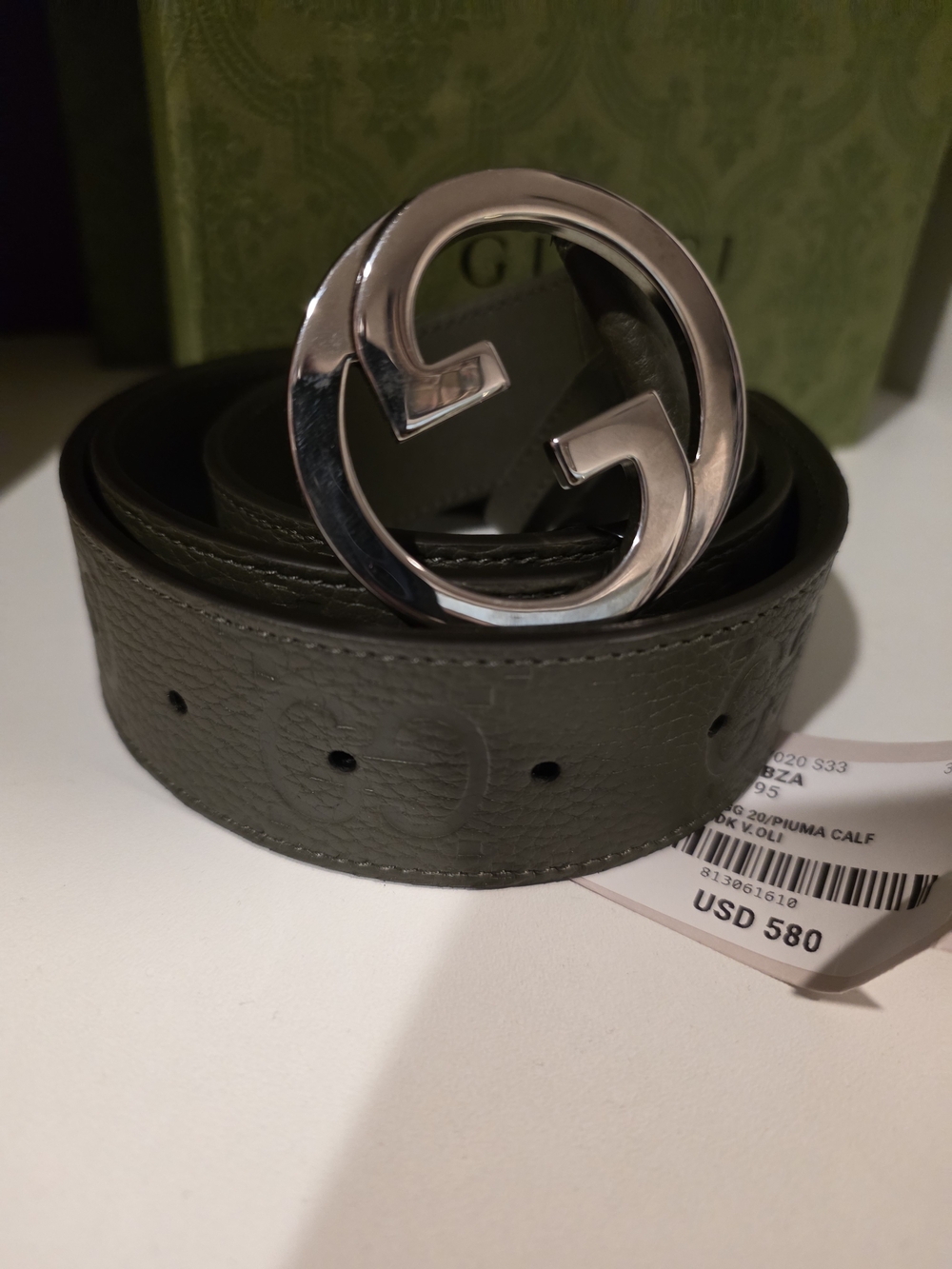 Gucci Men's Double G Buckle Leather Belt in Olive Size 95(Gucci)